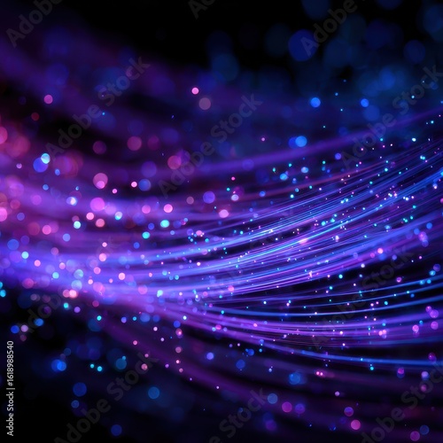 Ultra quality image of abstract glowing fiber optic light trails with sparkling particles in vibrant blue purple colors for digital technology and futuristic backgrounds.