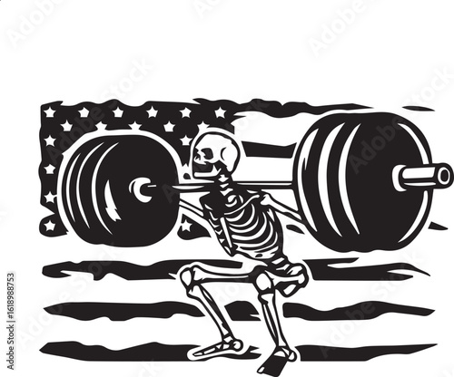 "An enduring skeleton powerlifting in front of an American flag, symbolizing strength and resilience."