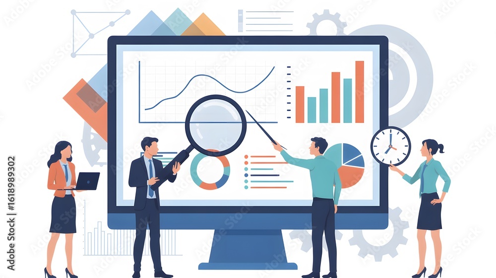 Fototapeta premium Team analyzing data on large monitor with charts graphs and magnifying glass in a business setting scene