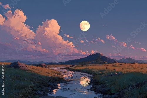 Landscape under full moon in rural area with mountain range and winding stream during twilight time with clouds
