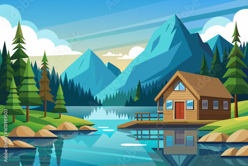 Clear Sky View Of A Lake With A Wooden Cabin