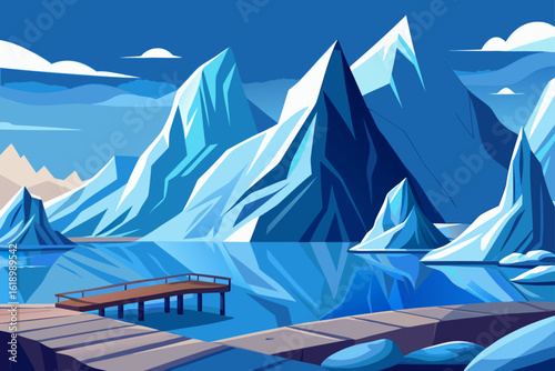 Clear Sky View Of A Glacier With A Small Dock