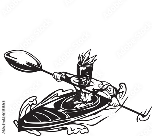 "A determined warrior paddles fiercely through the raging rapids, ready to conquer the wild waters."