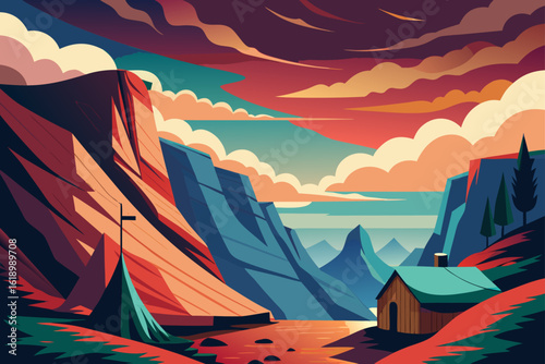 Cloudy View Of A Cliffside With A Tent