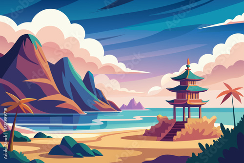 Cloudy View Of A Beach With A Pagoda