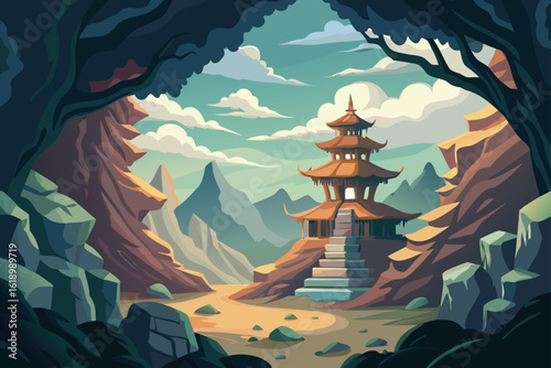 Cloudy View Of A Cave With A Pagoda