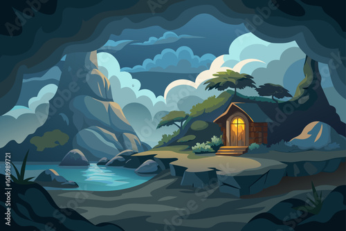 Cloudy View Of A Cave With A Cottage