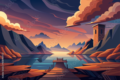 Cloudy View Of A Canyon With A Small Dock