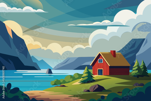 Cloudy View Of A Fjord With A Barn