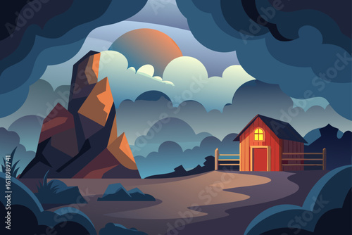 Cloudy View Of A Cave With A Barn