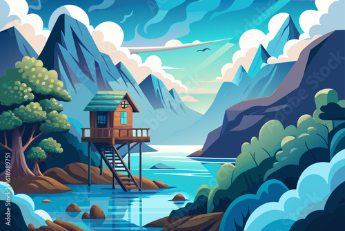 Cloudy View Of A Fjord With A Treehouse
