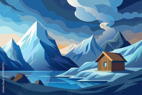 Cloudy View Of A Glacier With A Wooden Cabin