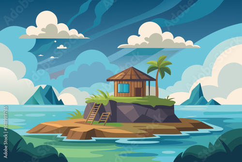 Cloudy View Of A Island With A Abandoned Shack