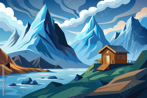 Cloudy View Of A Glacier With A Wooden Cabin