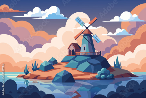 Cloudy View Of A Island With A Windmill