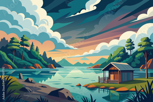 Cloudy View Of A Lake With A Abandoned Shack