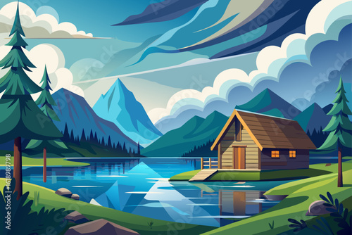 Cloudy View Of A Lake With A Wooden Cabin