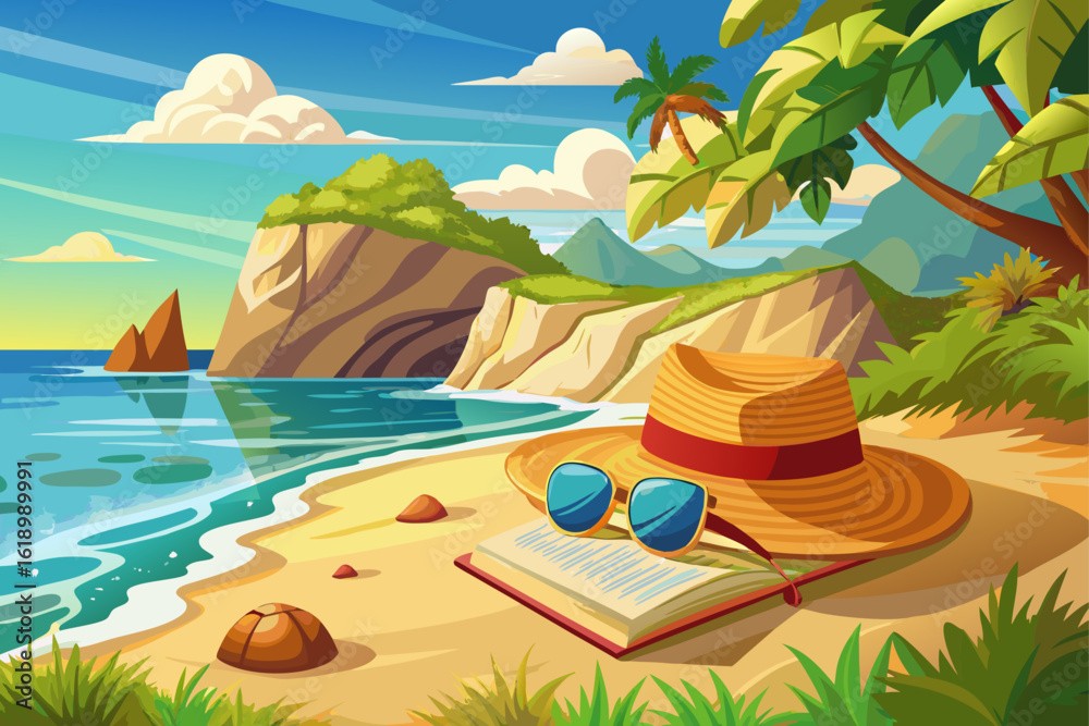 Obraz premium vector of A book and a straw hat and sunglasses are displayed on a large rocky cliff near the ocean on a sunny day by the beach...