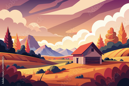 Cloudy View Of A Valley With A Barn