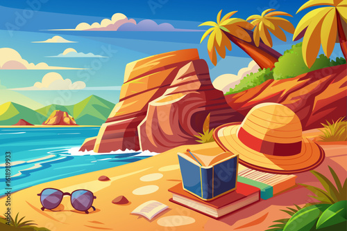 vector of A book and a straw hat and sunglasses are displayed on a large rocky cliff near the ocean on a sunny day by the beach...