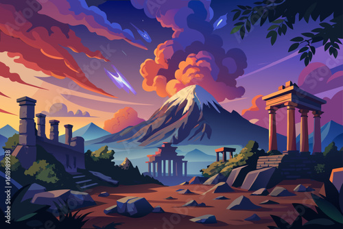 Cloudy View Of A Volcano With A Ancient Ruins