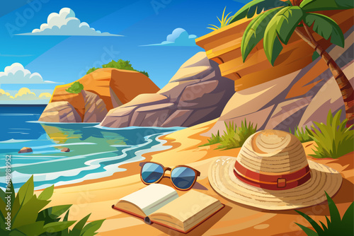 vector of A book and a straw hat and sunglasses are displayed on a large rocky cliff near the ocean on a sunny day by the beach...