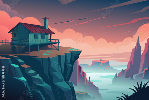 Foggy View Of A Cliffside With A Abandoned Shack