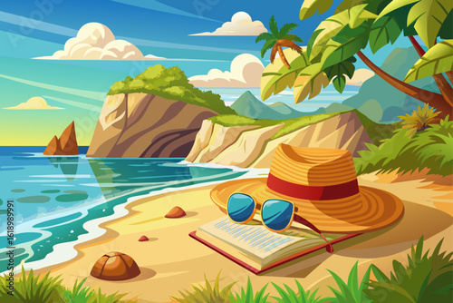 vector of A book and a straw hat and sunglasses are displayed on a large rocky cliff near the ocean on a sunny day by the beach...