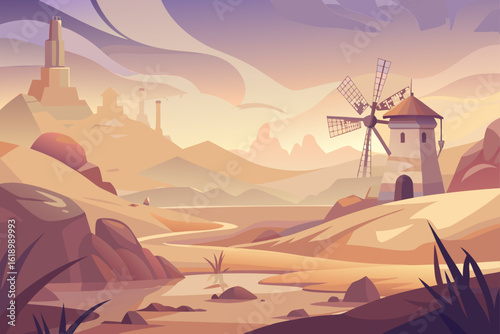 Foggy View Of A Desert With A Mill