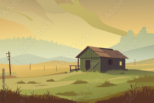 Foggy View Of A Prairie With A Abandoned Shack