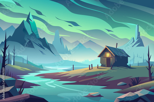 Foggy View Of A Tundra With A Abandoned Shack