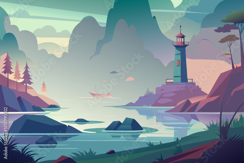 Misty View Of A Delta With A Lighthouse