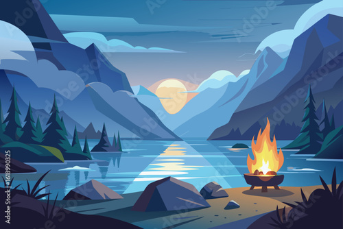Misty View Of A Fjord With A Campfire