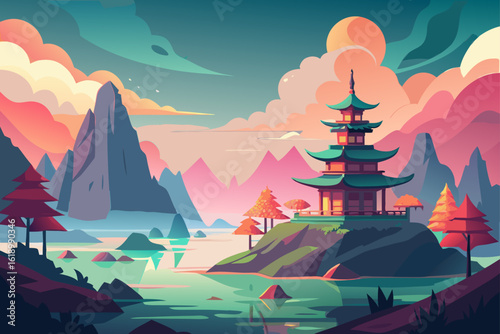 Misty View Of A Island With A Pagoda