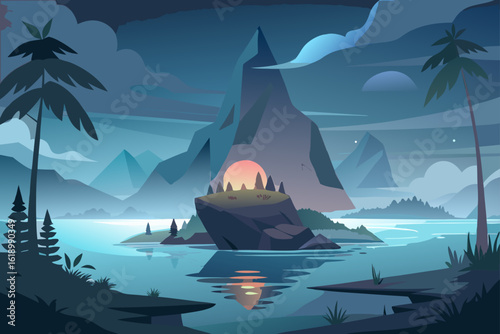 Misty View Of A Island With A Campfire