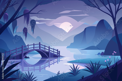 Misty View Of A Lake With A Bridge