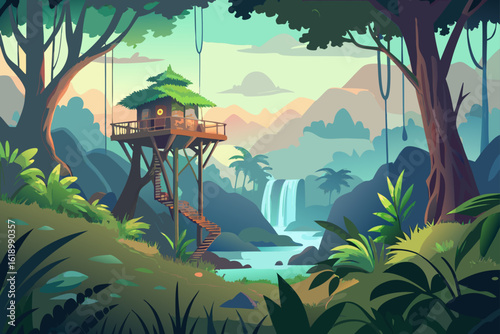 Misty View Of A Jungle With A Treehouse