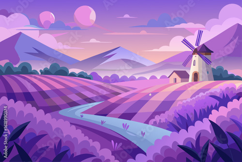 Misty View Of A Lavender Field With A Mill
