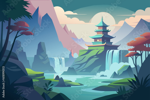 Misty View Of A Waterfall With A Pagoda