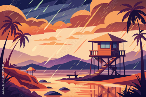 Rainy View Of A Beach With A Watchtower