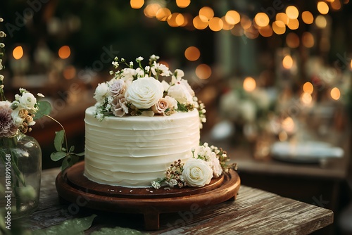 Elegant white wedding cake adorned with roses and flowers, perfect for celebrations and romantic events, displayed on rustic wooden table with soft bokeh background, creating a dreamy atmosphere