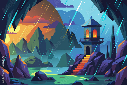 Rainy View Of A Cave With A Watchtower