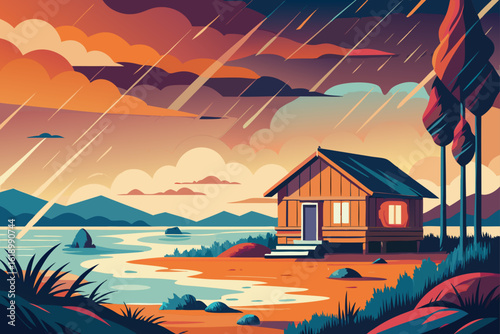 Rainy View Of A Ocean With A Cottage