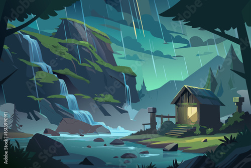 Rainy View Of A Waterfall With A Abandoned Shack