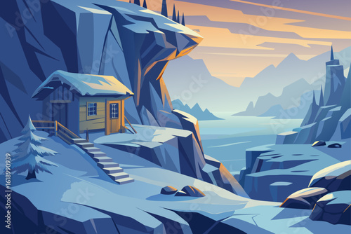 Snowy View Of A Cliffside With A Abandoned Shack
