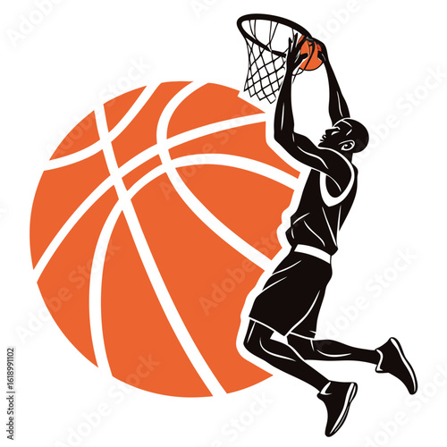 A darkskinned basketball player slam dunks the ball with an orange basketball background