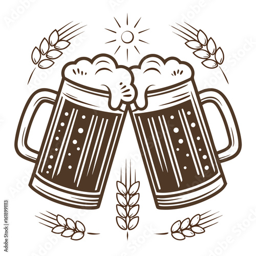 Two dark beer mugs clink amid barley stalks and sunny icon on transparent background