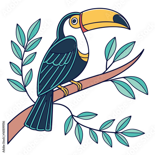 Detailed toucan with yellow beak sits on a stylized branch with leaves, transparent background