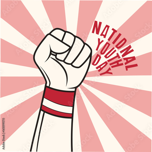 fist raises for National Youth Day, highlighting pink backdrop and red typography