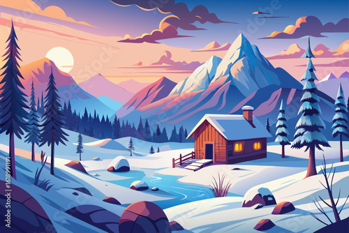 Snowy View Of A Valley With A Abandoned Shack